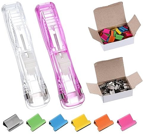 PATIKIL 4.5 x 1 Clam Clip Dispenser, 2 Set Binder Clam with 100 Pcs Clips for Binding Paper, Files, Office Documents, and Food Sealing, White & Purple
