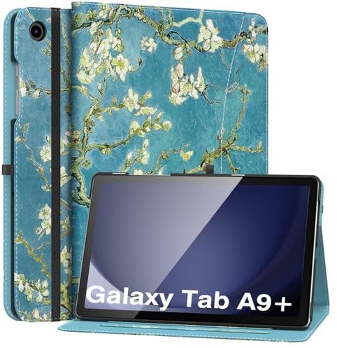 MoKo Case for Samsung Galaxy Tab A9 Plus 11 2023 (SM-X210/SM-X216/SM-X218), PU Leather Multi-Angle Viewing Folding Stand Cover Case with Hand Strap, Front Pocket, Auto Wake/Sleep, Almond Blossom
