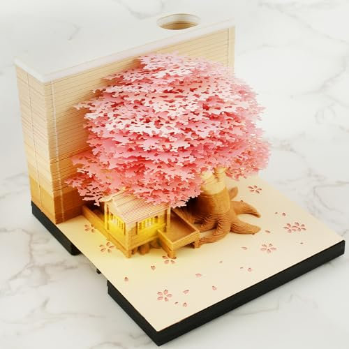 Bloc-notes de bureau 3D créatif en forme de cabane d'arbre avec lumière LED détachable - Décoration de bureau - Cadeau - Rose 1