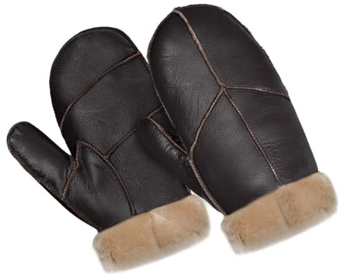 Harssidanzar Männer Fäustlinge für Winter,Lammfell Shearling Pelz gefüttert Warme Echtleder Fäustlinge Handschuh KM054EU,Braun,Größe S