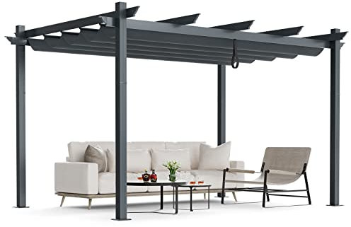 TANGZON 3M x 4M Metal Pergola with Retractable Canopy, Outdoor Large Garden Shade Gazebo, Weatherproof Aluminium Sun Shelter for Lawn Porch Party BBQ (Grey)