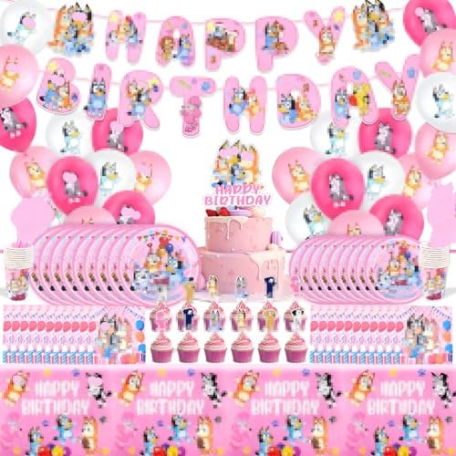 Birthday Party Decorations- 105Pcs Dog Happy Birthday Banner Balloons Pink Tableware Set Cake Topper Decorations Plates Napkins Tablecloths for Girls Cartoon Theme Party Supplies for 10 Guests