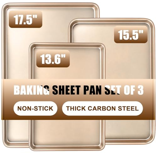 Baking Sheet Pan Set of 3, Commercial Cookie Sheets for Baking, Nonstick Half/Quarter/Jelly Roll Pans Replacement Toaster Oven Tray, Heavy Duty & Easy Clean, Champagne Gold