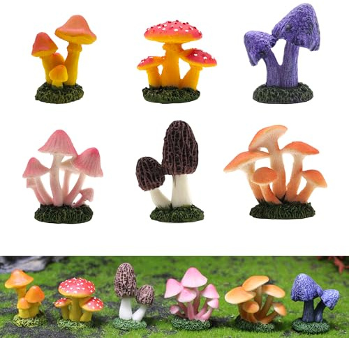 LIANCHEN 6 Pcs Künstliche Pilze Figuren Miniatur Pilz Modell Deko Kunstpilz | Miniatur Fliegenpilze Gartendeko aus Harz Mini-Pilzfiguren Rasen Deko Pilze für Garten, Terrasse, Balkon (Mehrfarbige 1)