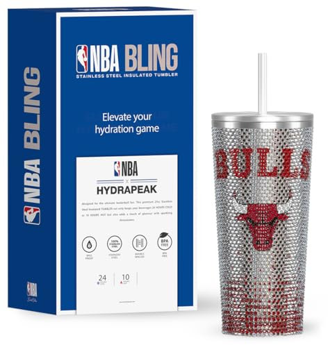 Hydrapeak NBA Offiziell lizenzierte Chicago Bulls Journey Bling Trinkbecher mit Strohhalm-Deckel, auslaufsichere Edelstahl-Wasserflasche, 750 ml