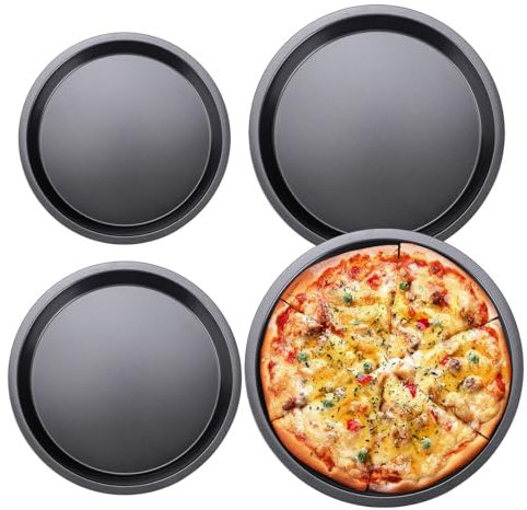 WakiHong Set 4 Teglia Pizza Forma Rotonda Acciaio al Carbonio Stampi Pizza Teglie Diametro 14,16.5,18.8,21 cm Acciaio al Carbonio Non Tossiche e Sane Rivestimento Antiaderente