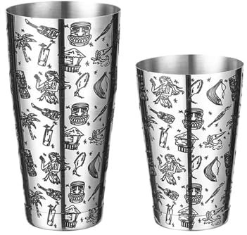 Coctelera Boston de Acero Inoxidable con Diferentes Acabados de Superficie, coctelera de 2 Piezas, 15 onzas y 25 onzas(Graphic Tiki)