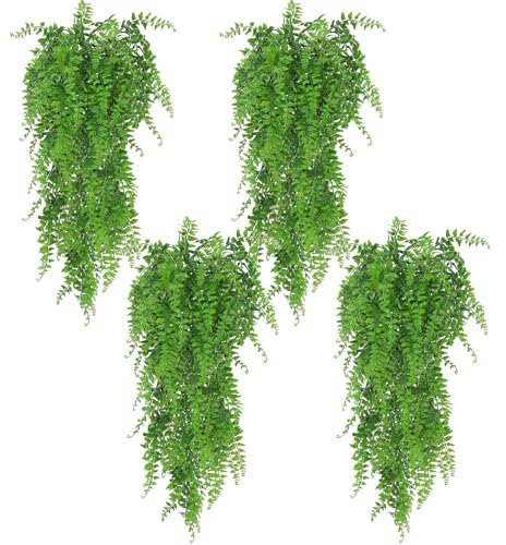 Huryfox Planta Artificial Colgante de Helecho - 4P Decorativas de Hojas de Hiedra Falsa para Interiores y Exteriores, Decoración de Follaje Falsificado para Sala de Estar, Cocina, Balcón, Jardín