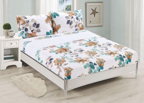 BESCH Juego de Sábanas de 4 Piezas -Ropa de Cama Poliéster para Cama de 150 - Sábana Encimera 230x270cm, Bajera 150x200+25cm y 2 Funda Almohada 45x90cm (Floral)