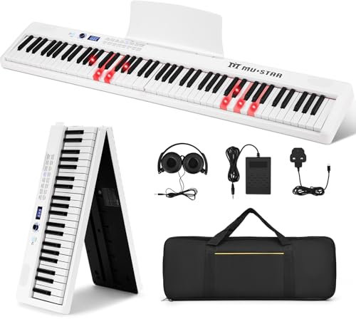 MUSTAR 88 Key Piano Keyboard with Lighted Up Keys, Foldable Electric Piano Keyboard Semi-Weighted, Portable Digital Piano for Beginners, Bluetooth, USB MIDI, Headphones, Case, Sustain Pedal (White)