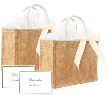 Dmnnlp 2 Pack 8.7 Small Jute Bag with Beige Ribbon, Card and Tissue Paper, Reusable Jute Burlap Bag for Wedding, Bridesmaid, Party, Shopping, Beach, Gift