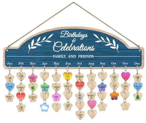arricraft 1 Set Holz Familie Geburtstag Erinnerung Kalender Tafel, Bule Familie und Freunde Feier Kalender Brett Wand hängend mit 100 Tags für Geburtstagsfeier Dekoration 4.7x15.7Zoll
