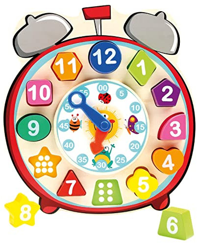 Bino Steck-Holzuhren, Spielzeug für Kinder ab 2 Jahre, Kinderspielzeug (Steckspielzeug ab 2 Jahre, multifunktionale Lehruhr für Vorschüler, 13 teilig, unterschiedliche Formen & Zahlen), Mehrfarbig