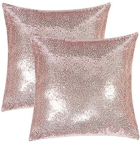 Xpanal Pack of 2, Sequin Throw Pillow Covers, Shiny Sparkling Comfy Satin Cushion Covers, Decorative Cushion Covers for Christmas/Party, 16 x 16 Inch, Rose Gold