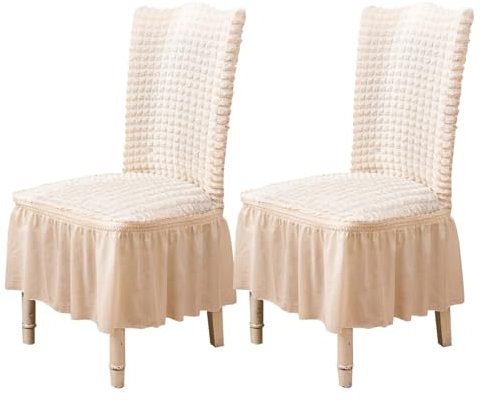Qubjus Stuhlhussen für Esszimmer Satz von 2 Stretch Stuhl Slipcover mit Rock abnehmbar waschbar Küche Stuhl Protector Cover Set für Haus, Party, Hochzeit(Off-weiß, 2Stück)
