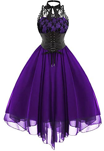 Robe corset sans manches en dentelle pour femme style gothique années 80, pour costume, cocktail, violet, S