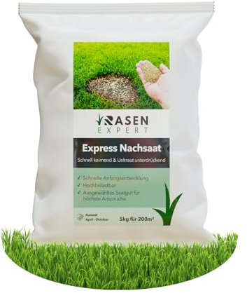 Premium Express Nachsaat Rasensamen Fläche 400m² - 10 kg - schließt besonders schnell & zuverlässig Lücken im Rasen - belastbar & dunkelgrün - Ideal für sonnenliebende Flächen