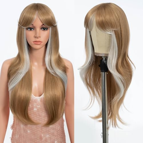 Style Icon honigbraune Perücke mit Pony lang geschichtetes gewelltes glattes Haar Vorhang Pony Perücke für Frauen synthetische tägliche Party Verwendung 26,5 Zoll (HL24R/1001E)