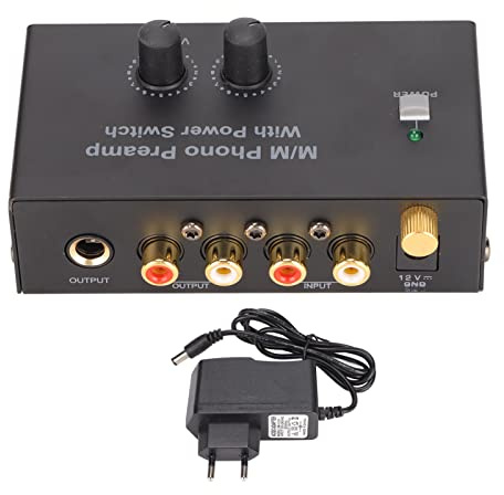 SUNGOOYUE Phono Vorverstärker, Professioneller Geräuscharmer Plattenspieler Vorverstärker PP500P aus Metall mit 12V Gleichstromnetzteil, EU Stecker, 100-240V