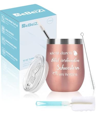 BeBeiZi Geschenke für Freundinnen, Edelstahl Weinglas mit Schwestern im Herzen. Vakuumisoliert Thermobecher to go mit Deckel und Strohhalm, Geburtstagsgeschenk für Frauen, Weihnachtsgeschenke, 350ml