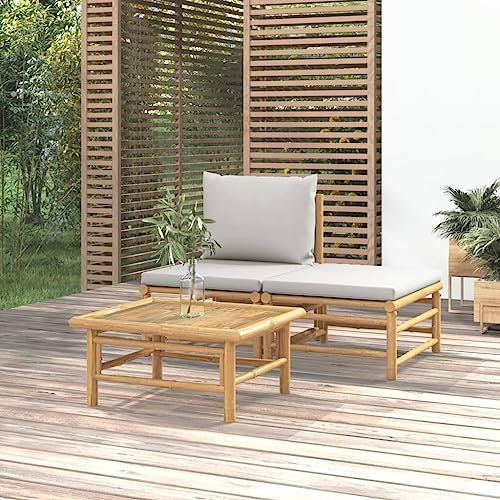 KATERYY Salon de Jardin 3 pcs avec Coussins Gris Clair Bambou,Ensemble de Salon de Jardin en Bambou Confortable et modulable avec Table Basse Ensembles de Salons de Jardin