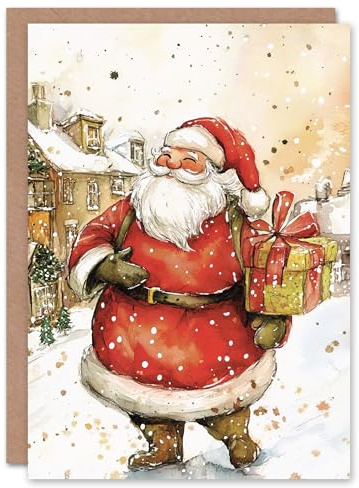 Artery8 Jolly Santa Claus With Present Blank For Him Or Her Art Xmas Festive Christmas Card