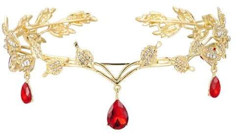 Yuqilin Prinzessin Crystal Crown,Göttin Tiara Elfenkrone Elfen Kopfschmuck Blatt Crystal Crown Elfe Cosplay Fee Kostüm Damen Haarreif Diadem,für Cosplay Renaissance Braut Brautjungfern（Rot）