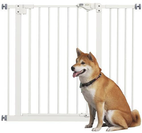 PawHut Barrière de sécurité Animaux 74-94 x 77 cm avec Porte Fermeture Automatique système de Double Verrouillage sans perçage avec 1 Extension Blanc