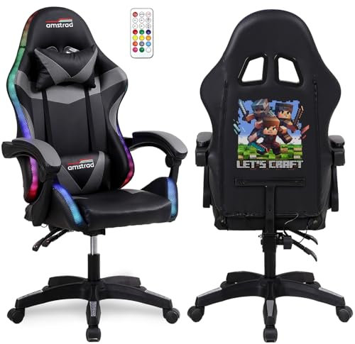 Amstrad AMS-900-LED-CRAFTER - Fauteuil Gaming Noir et Gris - Serigraphie Crafter - Eclairage LED 366 Effets - Télécommande