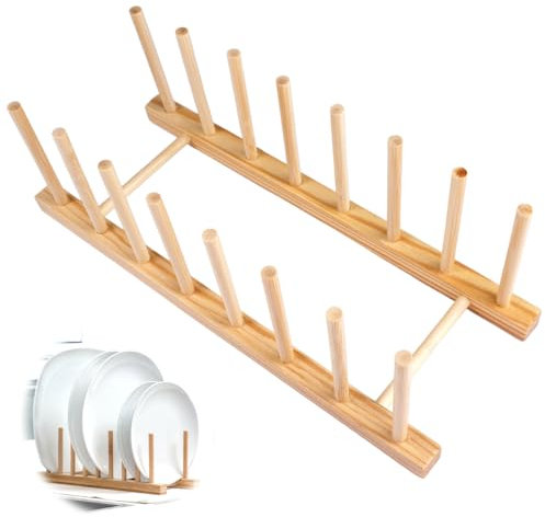 Soporte de Madera para Platos, 7 Compartimentos, 30 X 11,5 X 10 cm, Ahorro de Espacio, Organizador de Platos y Tazones de Multifuncional para Tablas de Cortar, Tapas de Ollas, Platos, Bowls, Tazas