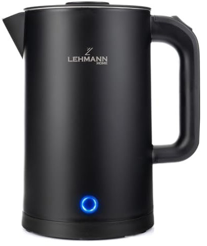 LEHMANN Elektrischer Wasserkocher Edelstahl 1,7L, 2200W, Schnelles Aufheizen, Doppelwand Design, Abschaltautomatik und Überhitzungsschutz, BPA-frei, für Babynahrung, Tee und Kaffee, Schwarz