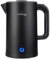 LEHMANN Elektrischer Wasserkocher Edelstahl 1,7L, 2200W, Schnelles Aufheizen, Doppelwand Design, Abschaltautomatik und Überhitzungsschutz, BPA-frei, für Babynahrung, Tee und Kaffee, Schwarz