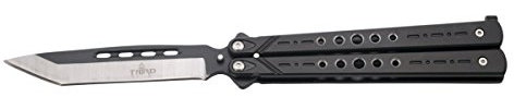 THIRD Navaja de Abanico K2098 Hoja Tanto de Acero INOX con Agujeros Bicolor Negra con Corte Satinado de 11.5 cm, Mango de Acero INOX Negro con Agujeros.