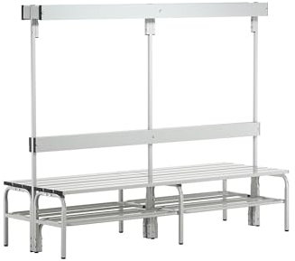 Sypro | Umkleidebank mit Aluminiumleisten | HxT 1650 x 725 mm | doppelseitig | Länge 2000 mm | 12 Haken | lichtgrau | Schuhrost