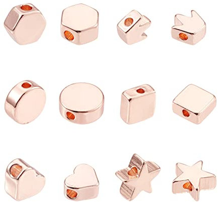Cheriswelry 30pcs Rose Gold Heart Crown Star Flat Round Square Hexagon Loose Beads Spacer Charms for Jewellery Bracelet Making