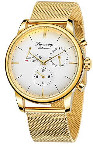 BOLYTE Herren-Armbanduhr Automatisch Mechanisch Analog, Seagull-Uhrwerk Automatische Datumsanzeige Gangreserve-Anzeige Edelstahlband Business-Armbanduhr, Goldweiß