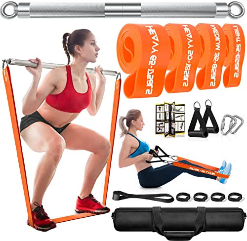 DASKING Fitnessbänder Krafttraining mit Stange, Resistance Bands Set- 4 Widerstandsbänder, 90cm Detachable Fitness Bar, Griffe für Klimmzug Bänder -Fitnessgeräte für Zuhause, Home Gym Sport Equipment