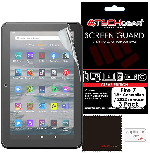 TECHGEAR [3 Pack Screen Protectors for All-New Amazon Fire 7 & Fire Kids Edition 7 (12th Gen / 2022 Release) - Clear Lcd Screen Protectors for Fire 7 2022 - With Cleaning Cloth + Application Card