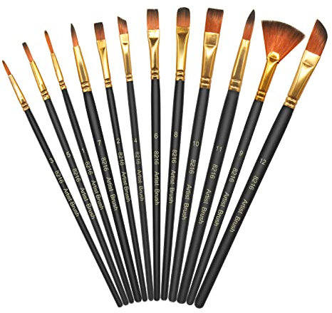 12 Pinceaux Peinture Acrylique,Nylon Art Pinceaux Fin Stylos à Pointe Lisse,Corps du Stylo en Bois Convient pour Les Peintures Acryliques, Aquarelles, Huiles et Gouaches