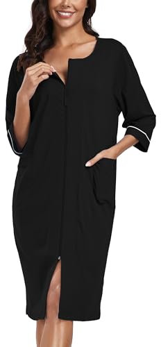 COLORFULLEAF Damen Bademantel mit Reißverschluss Leicht Morgenmantel 100% Baumwolle Hausmantel 3/4 Ärmel Nachthemd mit Taschen(Schwarz,XL)