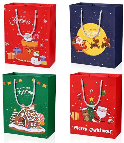 BBLIKE 4 Stück Geschenktüten Weihnachten, Weihnachtstüten mit Henkel muster des Weihnachtsmannes, Weihnachten Papiertüten für Weihnachts geschenk, Weihnachtssüßigkeiten, Weihnachtsfeier (Vertikal)