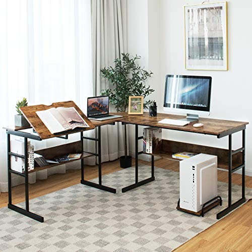 COSTWAY Bureau d'Ordinateur d'angle 170 x 150 cm, Table de Bureau avec Plateau Inclinable, Étagère Inférieure, Support UC, Poste de Travail pour Bureau, Studio (Marron)