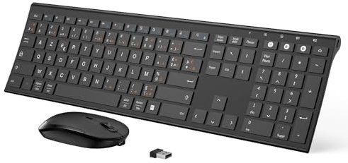 Ensemble Clavier et Souris sans Fil Multidispositifs(2,4 GHz+BT1+BT2), AZERTY Clavier Souris Bluetooth Rechargeable, Ultra-Fin, Silencieux, pour PC Windows iPad Macbook Tablette Android, Noir