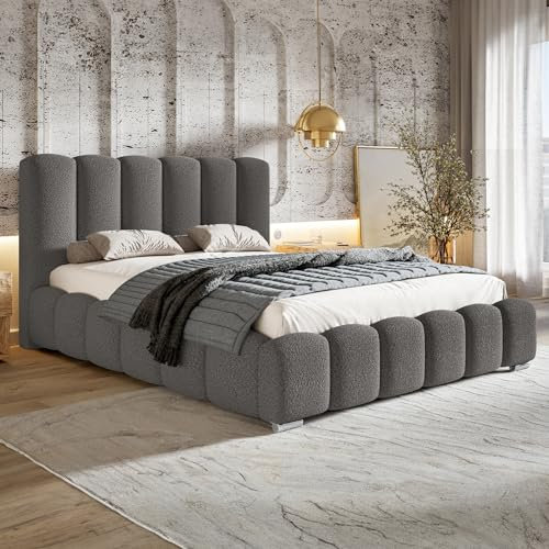 MOTIVENA Grand Bubble Bett 120x200, Polsterbett 120x200 Boucle, mit Bettkasten, mit Stauraum, mit Lattenrost, mit Kopfteil, ohne Matratze, Grau Anthrazit