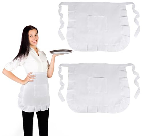 2 Stück Weiße Taillenschürze, Verstellbare Kleine Halbe Schürze mit 1 Taschen, Rüschen Waist Apron, Kochschürze Geeignet für Mädchen, Damen, Köche und Kellner zum Kochen, Reinigen, Malen