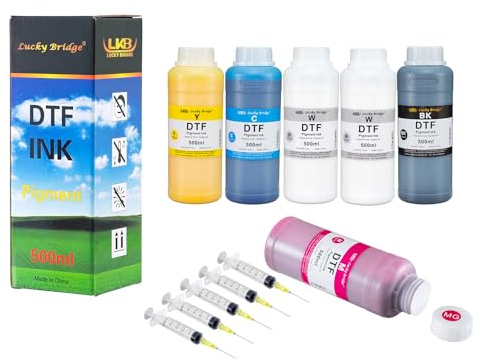Lucky Bridge DTF Premium-Pigmenttinte für PET-Folie, 500 ml-6PK | Wärmeübertragungsdruck, Nachfülltinte für Epson DTF-Drucker, Kompatibel mit DX5 DX7 5113 XP600 I3200, FR-Variante