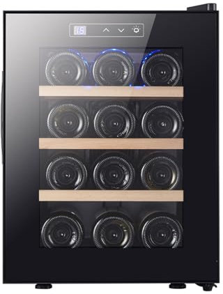 Zickdom Vinoteca,Vinoteca Pequeña,Vinotecas,Nevera Vinos,Cava de Vino,Vinoteca 12 Botellas, Wine Fridge Bajo Nivel sonoro Panel de Control Táctil para Bar Interior/Cocina/Hotel Negro Beech Shelves