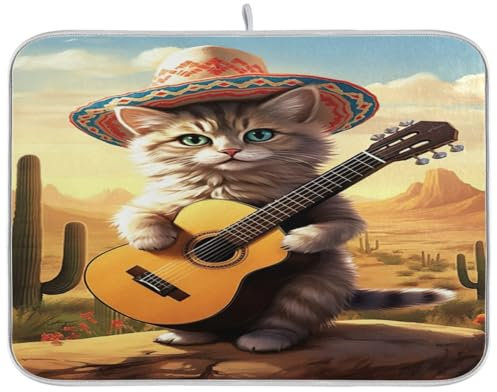 Geschirr-Abtropfmatte mit niedlicher Wüstenkatze zum Spielen von Gitarre, schnell trocknende Kaffee-Bar-Matte, Mikrofaser-Abtropfmatten für Küche, Theke, Urlaub, Heimdekoration, 40,6 x 45,7 cm