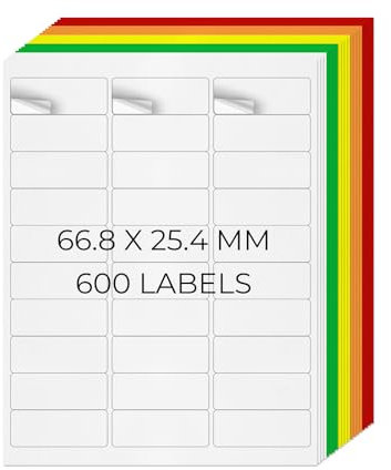 YIKIADA 5 Farben Universal Etiketten 66,8 X 25,4 MM Vinyl Selbstklebend Ablösbar Blanko Aufkleber Bedruckbar Namenaufkleber Büro Adressetiketten für Tintenstrahl- und Laserdruckern 600 Stück