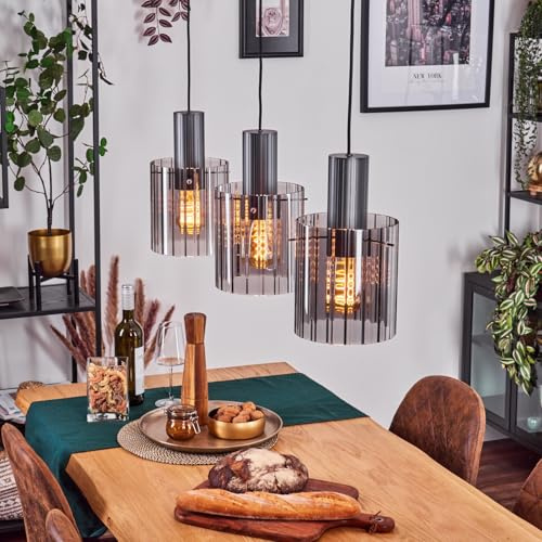 HOFSTEIN Hängeleuchte Vireda, 3-flammige Hängelampe aus Metall/Glas in Anthrazit/Rauch, Retro/Vintage-Design (Ø 18cm), E27, Pendelleuchte höhenverstellbar bis 120,5cm, Esszimmer, Wohnzimmer, Küche